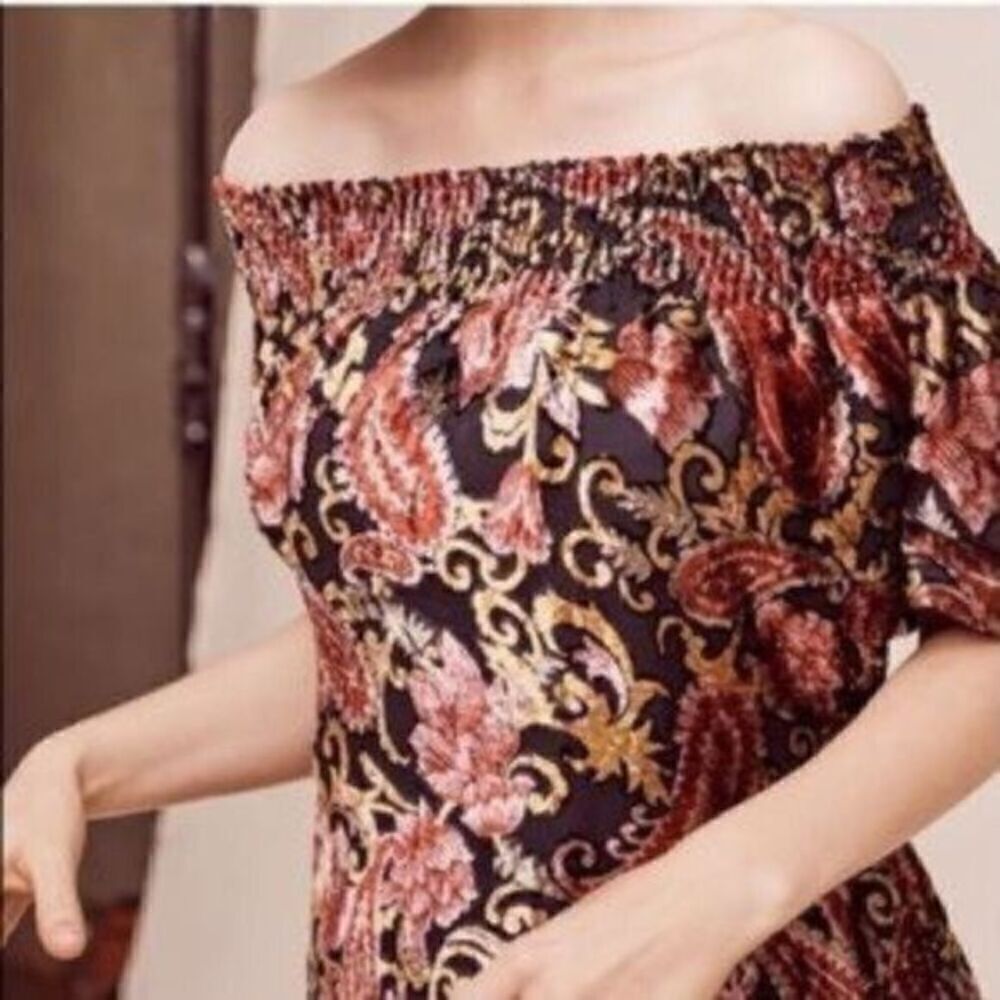 Anthropologie Seen Worn Kept Off the Shoulder Velvet Floral Embossed Top Black M